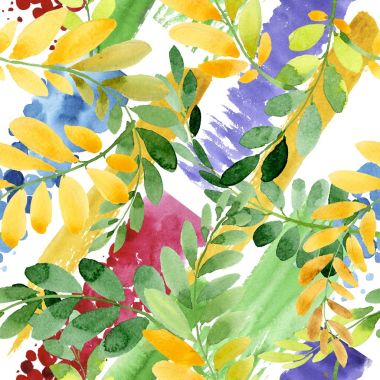 Bir elinde akasya deseninin sonbahar yaprak suluboya tarzı çizilmiş.