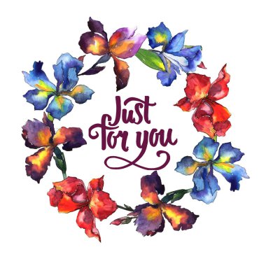 Kır çiçeği Iris çiçek çelenk suluboya tarzında.