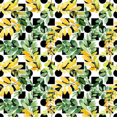 Bir elinde akasya deseninin sonbahar yaprak suluboya tarzı çizilmiş.