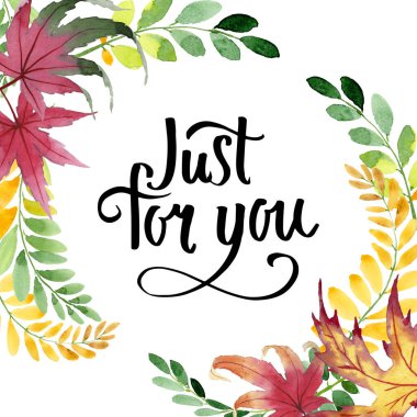 Akasya çerçeve bir el içinde sonbahar yaprak suluboya tarzı çizilmiş.