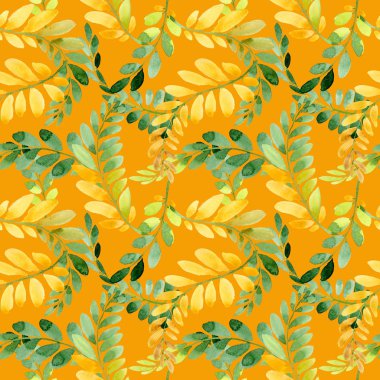 Bir elinde akasya deseninin sonbahar yaprak suluboya tarzı çizilmiş.