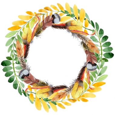 Akasya çelenk bir el içinde sonbahar yaprak suluboya tarzı çizilmiş.