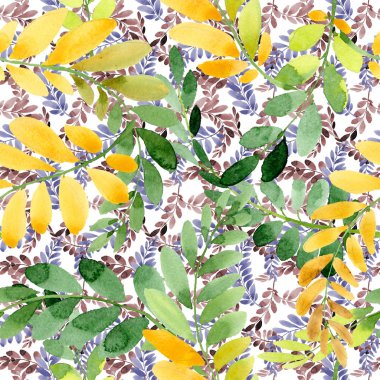 Bir elinde akasya deseninin sonbahar yaprak suluboya tarzı çizilmiş.