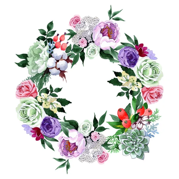 Bukett blomsterkrans i akvarell stil. — Stockfoto