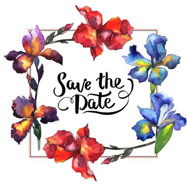 Kır çiçeği Iris çiçek çelenk suluboya tarzında.