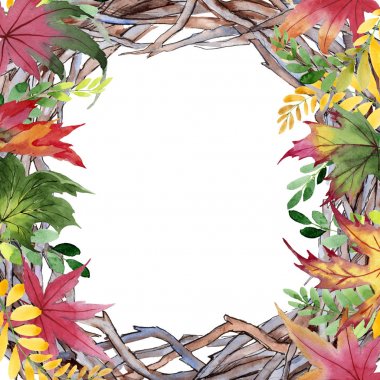 Akasya çerçeve bir el içinde sonbahar yaprak suluboya tarzı çizilmiş.