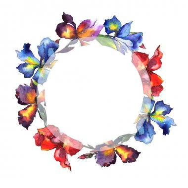 Kır çiçeği Iris çiçek çelenk suluboya tarzında.