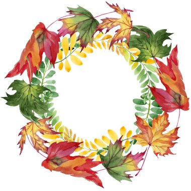 Akasya çelenk bir el içinde sonbahar yaprak suluboya tarzı çizilmiş.