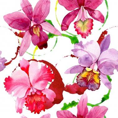 Kır çiçeği pembe orkide çiçek deseni suluboya tarzında.