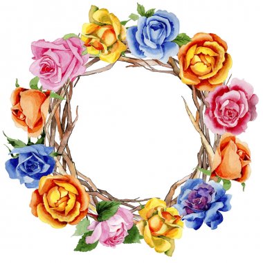 Kır çiçeği gül çiçek çelenk suluboya tarzında.