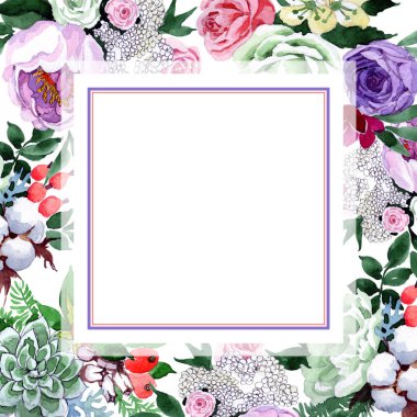 Buket çiçek çerçeve suluboya tarzında.