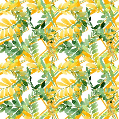 Bir elinde akasya deseninin sonbahar yaprak suluboya tarzı çizilmiş.