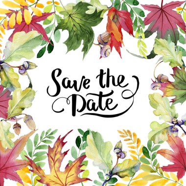 Akasya çerçeve bir el içinde sonbahar yaprak suluboya tarzı çizilmiş.