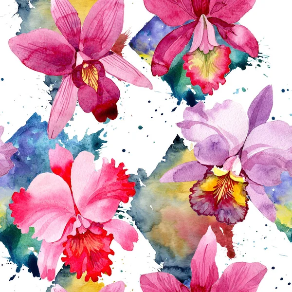 水彩画のワイルドフラワー ピンクの蘭の花のパターン. — ストック写真