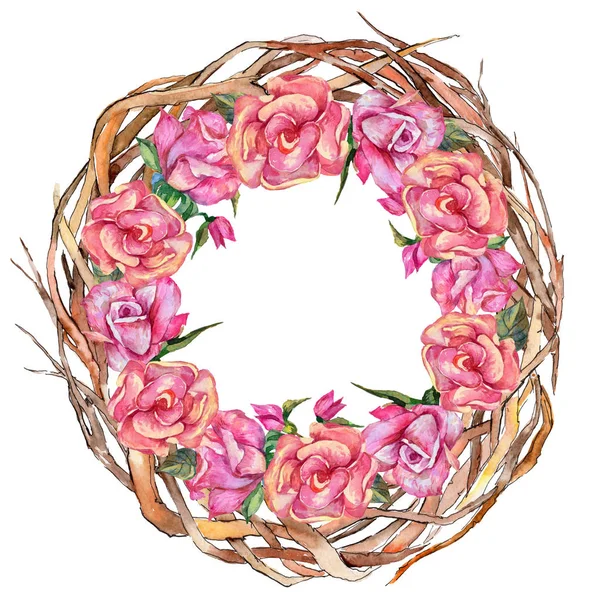 Forest twig branches wreath in a hand drawn watercolor style. — Stock Photo, Image