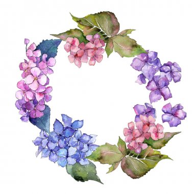 Kır çiçeği ortanca çiçek çelenk suluboya tarzında.