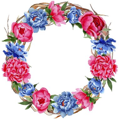 Kır çiçeği kırmızı ve mavi peonies çiçek çelenk suluboya tarzında.