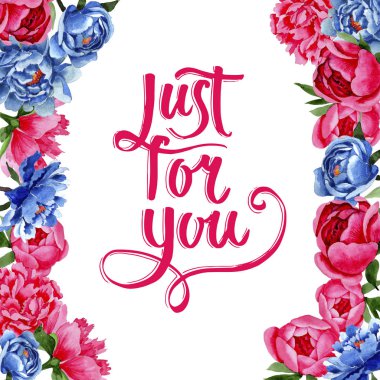 Kır çiçeği kırmızı ve mavi bir suluboya tarzında peonies çiçekli çerçeve.