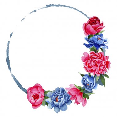 Kır çiçeği kırmızı ve mavi peonies çiçek çelenk suluboya tarzında.