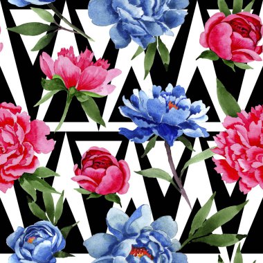 Kır çiçeği kırmızı ve mavi peonies çiçek desen bir suluboya tarzında.