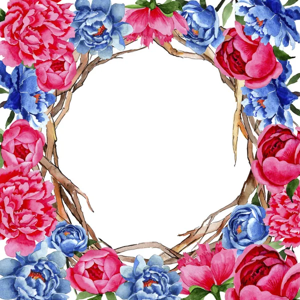 Wildflower red and blue peonies flowers frame in a watercolor style. — Stock Photo, Image