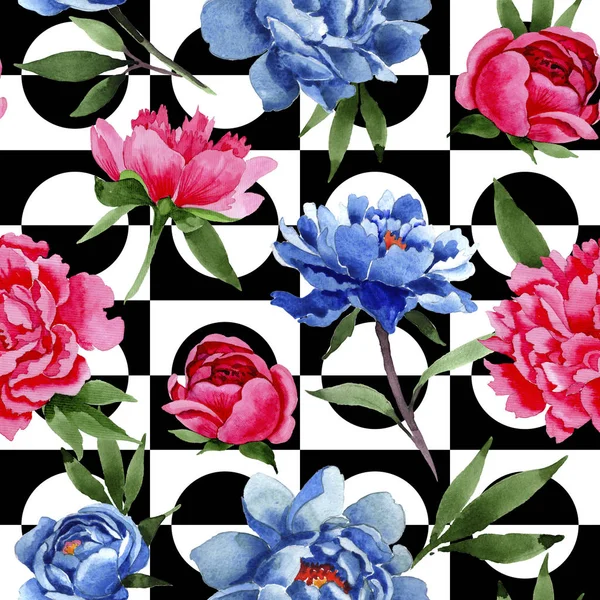 Wildflower vermelho e azul peônias flores padrão em um estilo aquarela . — Fotografia de Stock