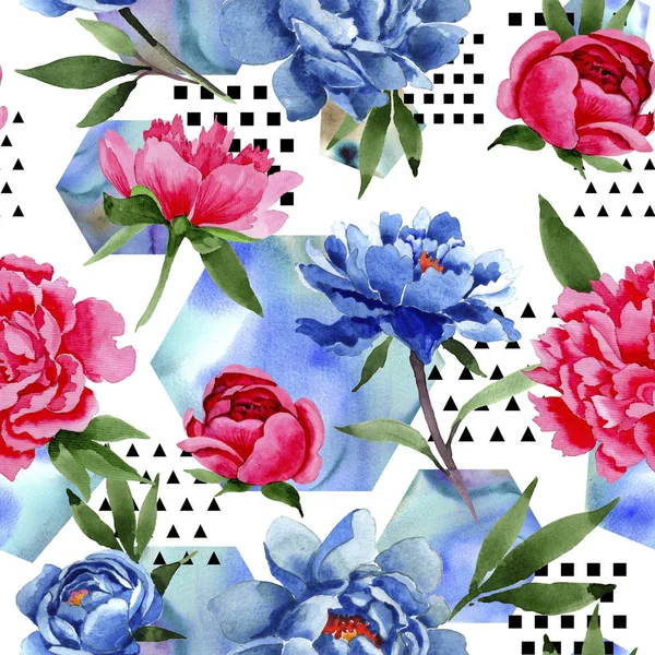 Flor silvestre peonías rojas y azules patrón de flores en un estilo de acuarela . — Foto de Stock