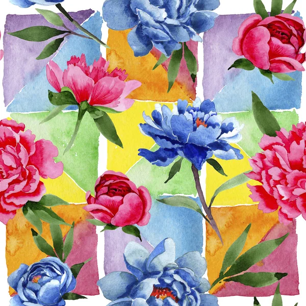 Wildflower κόκκινο και μπλε λουλούδια παιώνιες μοτίβο σε στυλ υδροχρώματος. — Φωτογραφία Αρχείου
