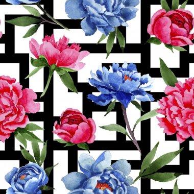 Kır çiçeği kırmızı ve mavi peonies çiçek desen bir suluboya tarzında.