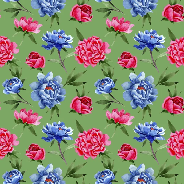 Fiore di campo rosso e blu peonie fiori modello in stile acquerello . — Foto Stock