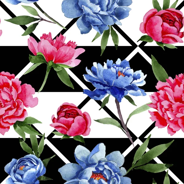 Fleur sauvage rouge et bleu pivoines motif de fleurs dans un style aquarelle . — Photo