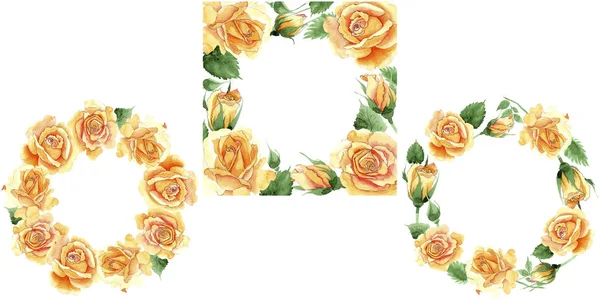 Wildflower yellow tea-hybrid roses flower wreath in a watercolor style. — Stock Photo, Image