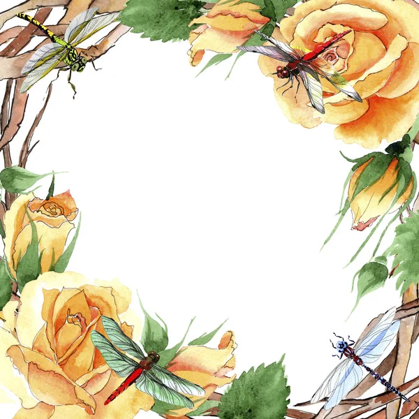 Wildflower gul te-hybrid rosor blomma ram i akvarell stil. — Stockfoto