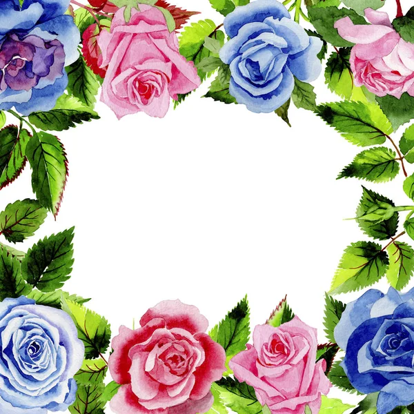 Leaves of rose frame in a watercolor style.