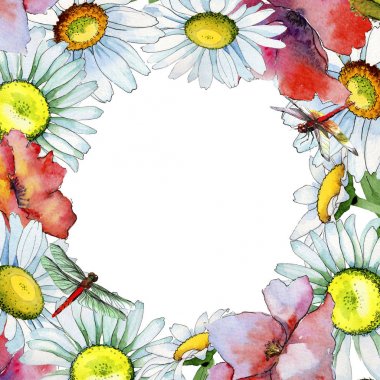 Kır çiçeği papatya çiçek çerçeve suluboya tarzında.