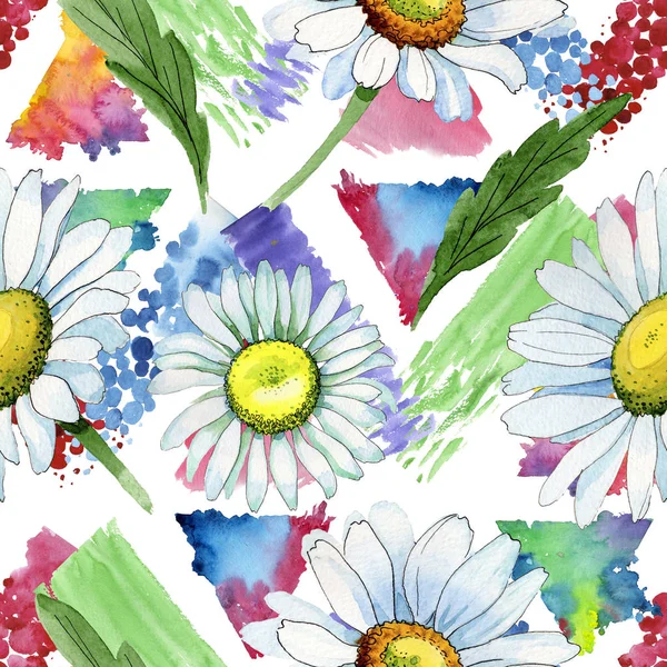 水彩画のワイルドフラワー カモミールの花のパターン. — ストック写真