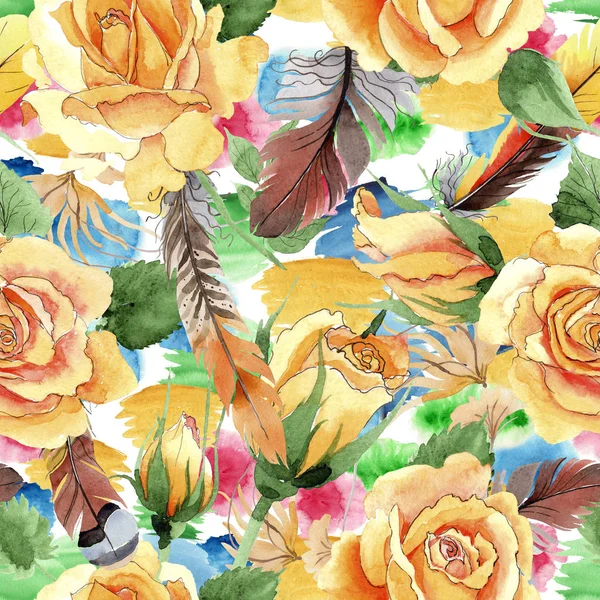 야생화 노란색 차-하이브리드 장미 꽃 수채화 스타일 패턴. — 스톡 사진