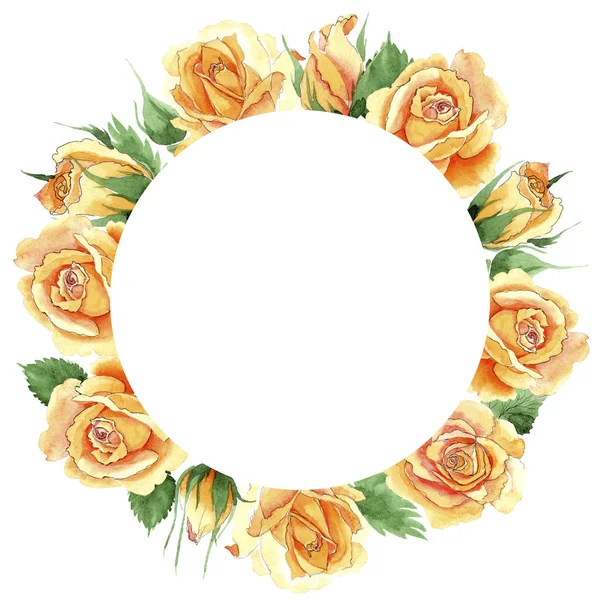 Wildflower yellow tea-hybrid roses flower wreath in a watercolor style. — Stock Photo, Image