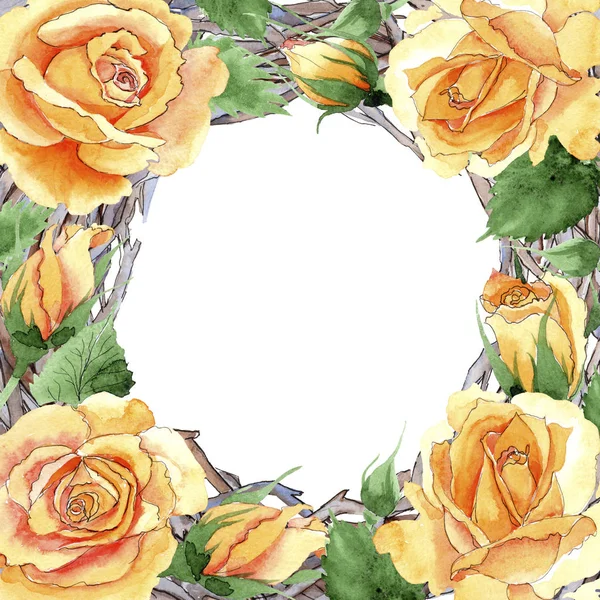 野花黄茶-混合玫瑰花框架水彩风格. — 图库照片
