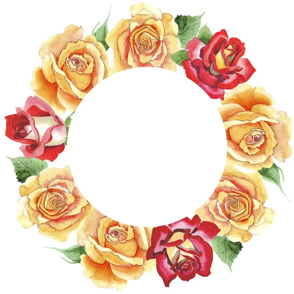 Wildflower yellow tea-hybrid roses flower wreath in a watercolor style. — Stock Photo, Image