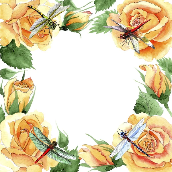 Wildflower yellow tea-hybrid roses flower frame in a watercolor style. — Stock Photo, Image