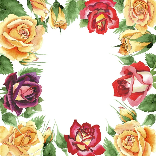 Wildflower yellow tea-hybrid roses flower frame in a watercolor style. — Stock Photo, Image