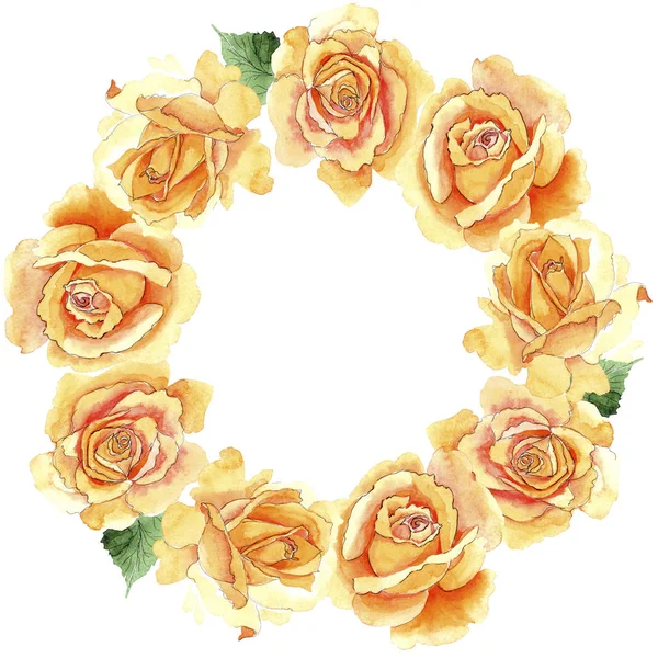 Wildflower yellow tea-hybrid roses flower wreath in a watercolor style. — Stock Photo, Image