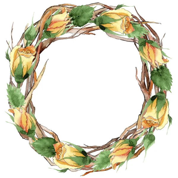 Wildflower yellow tea-hybrid roses flower wreath in a watercolor style. — Stock Photo, Image
