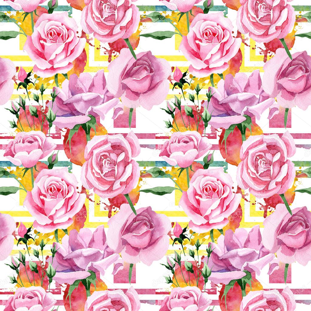 Wildflower pink tea rosa flower pattern in a watercolor style.