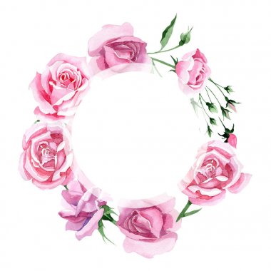 Kır çiçeği pembe çay rosa çiçek çelenk suluboya tarzında.