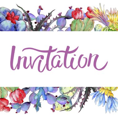 Kır çiçeği kaktüs çiçek çerçeve suluboya tarzında.