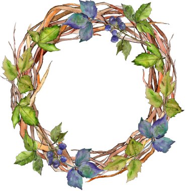 Böğürtlen yaprakları çelenk suluboya tarzında.