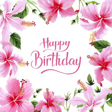 Kır çiçeği hibiscus Pembe çiçek çerçeve suluboya tarzında.