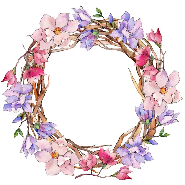 Wildflower magnolia flower wreath in a watercolor style. — Stock Photo, Image